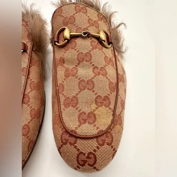 Gucci Princetown Horsebit Brown GG Print Canvas Fur Slippers Loafers US 7 EU 41